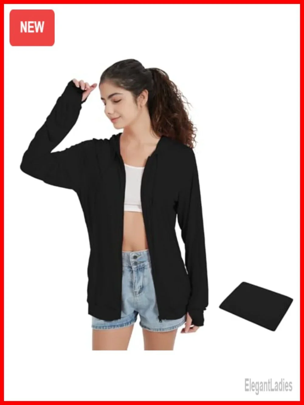 Lightweight Zip Up Hoodie with Thumb Holes, Foldable, Rayon Spandex